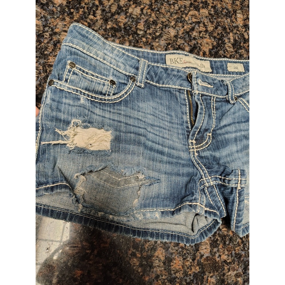 BKE Stella Medium Wash Distressed Denim Shorts Womens 28 Low Rise Blue - Picture 2 of 8